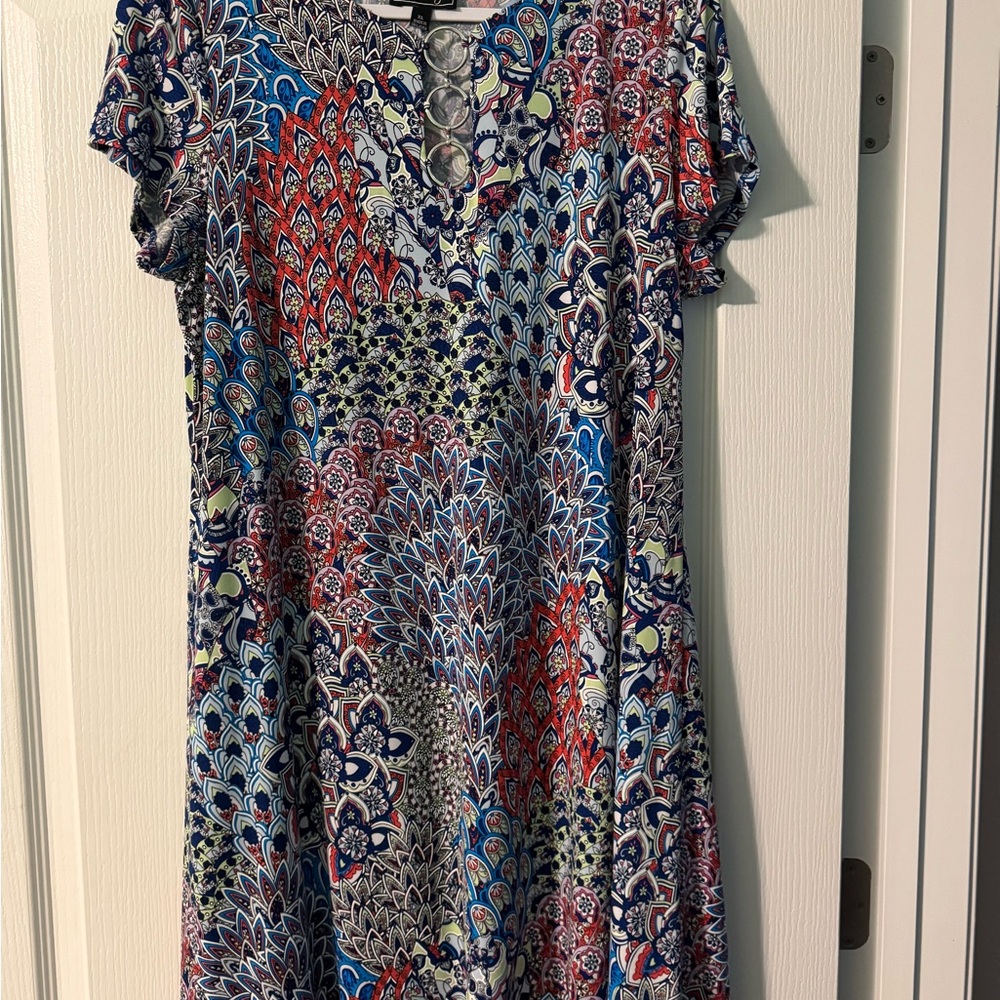 Blue and Red Casual Midi Dress with Flutter Sleeves